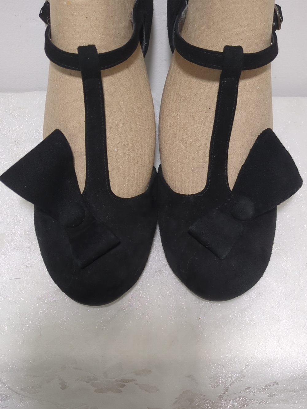 Chie Mihara Black Suede T-Strap  Bow Heels